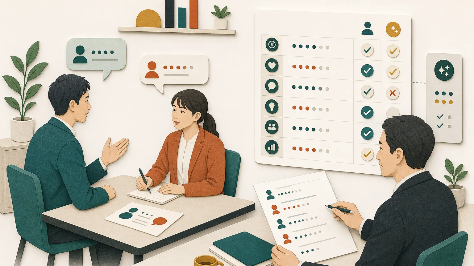 同じ営業会話をAIと上司が6つの評価軸で照合する研修風景